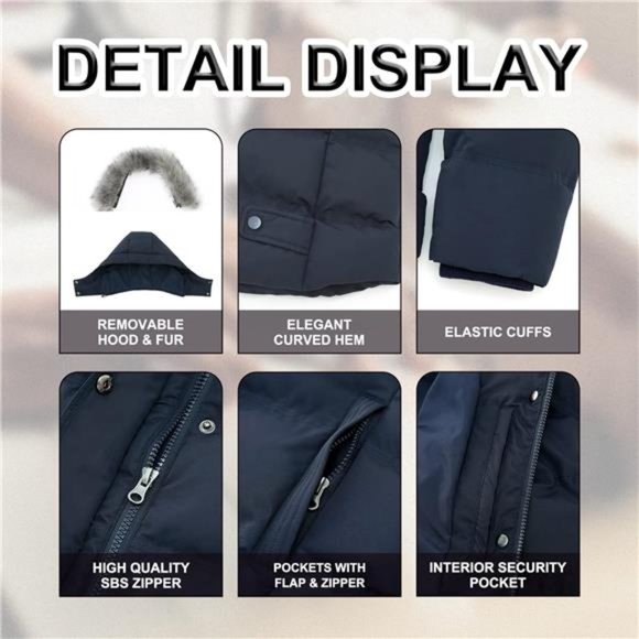 Hooded Warm Winter Coat Quilted Thicken Puffer Jacket with Removable Fur Hood - Picture 7 of 7